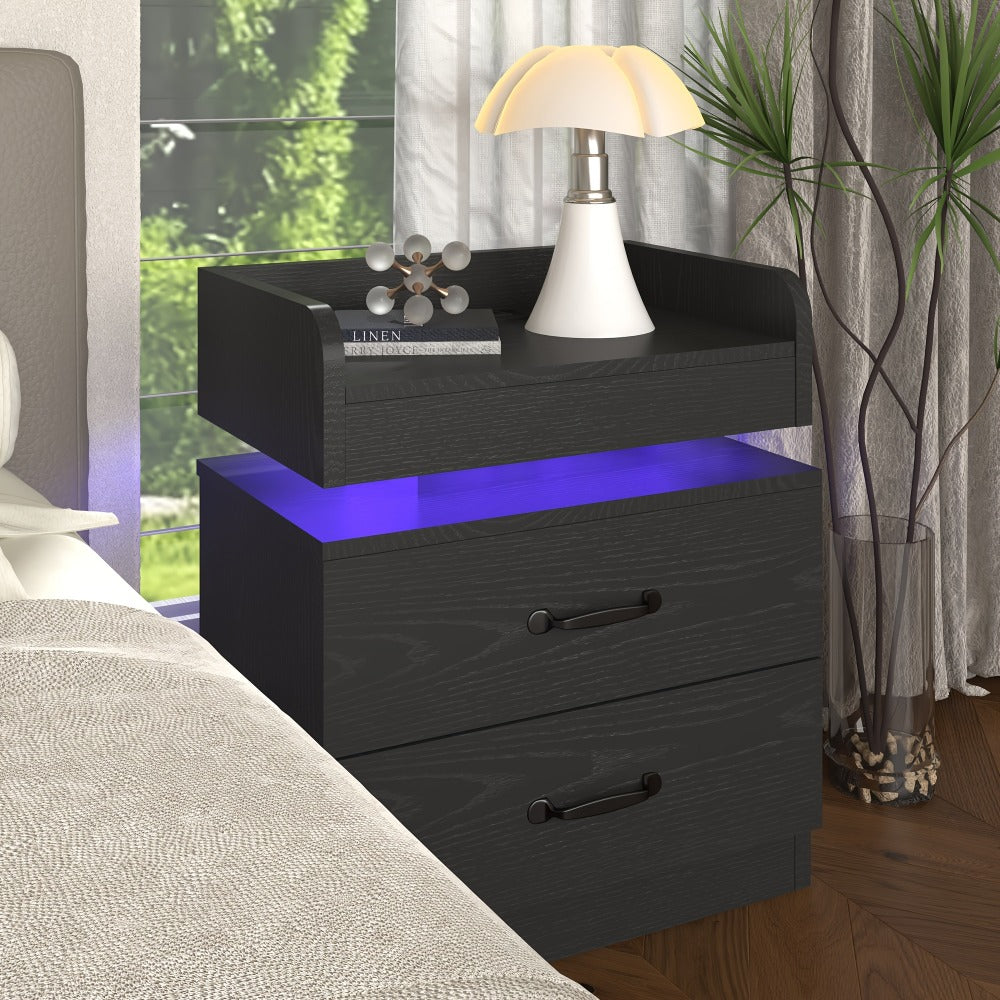 Smart LED Nightstand with Charging Station – Narrow Bedside Table 2 Drawers, Entryway Side Table, Black White, 1pc or 2pcs Set for Bedroom Living Room