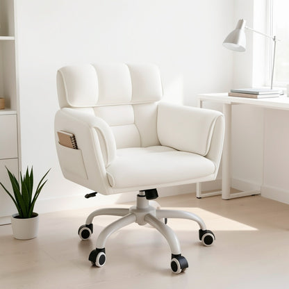 Vanity Chair for Bedroom with Mid-Back, Side Pockets & Wheels – Soft Upholstered Adjustable Height Swivel Desk Chair, Skin-Friendly Fluffy Fabric, White, Cream, Grey, Pink, Black