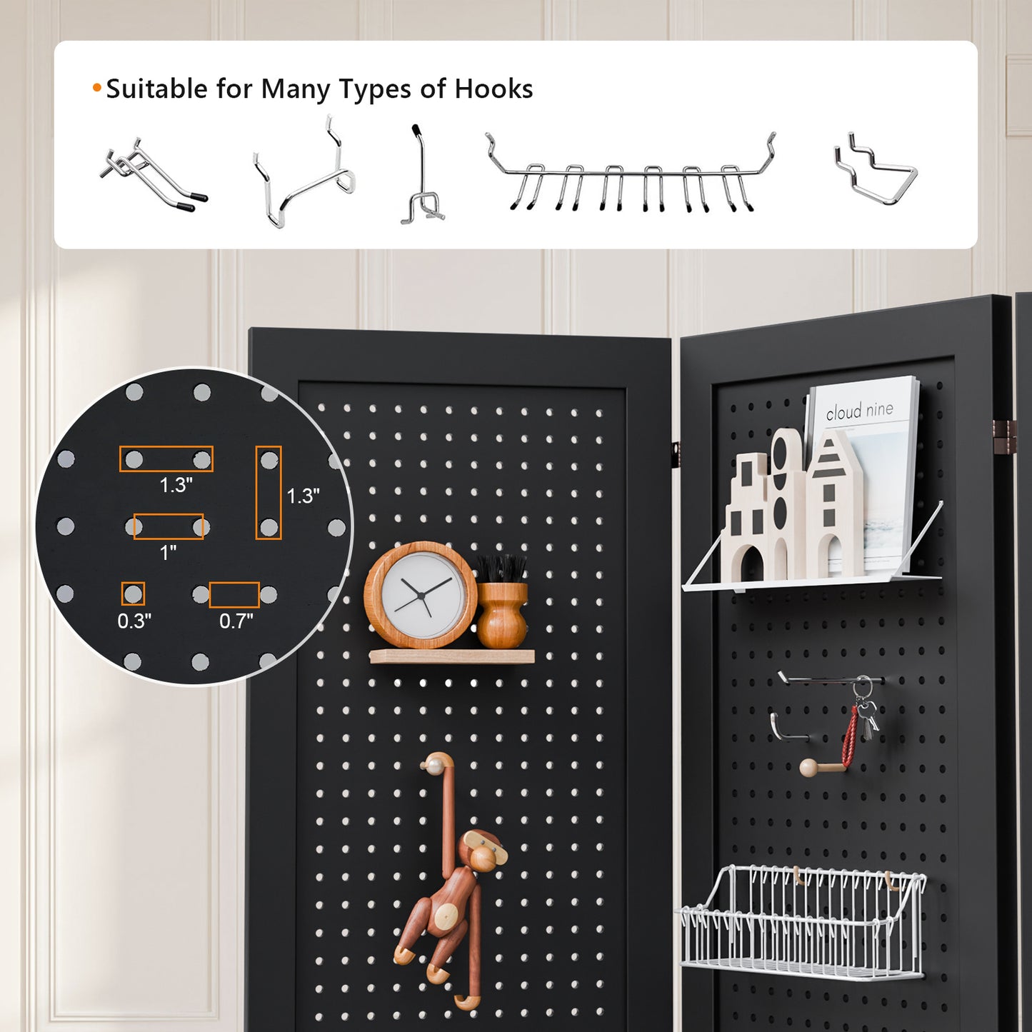VINGLI 60''H Freestanding Pegboard, Wood Room Divider Display Board Organizer with Support Feet, Folding Privacy Screen Partition Space Separator for Craft Shows Events Retail