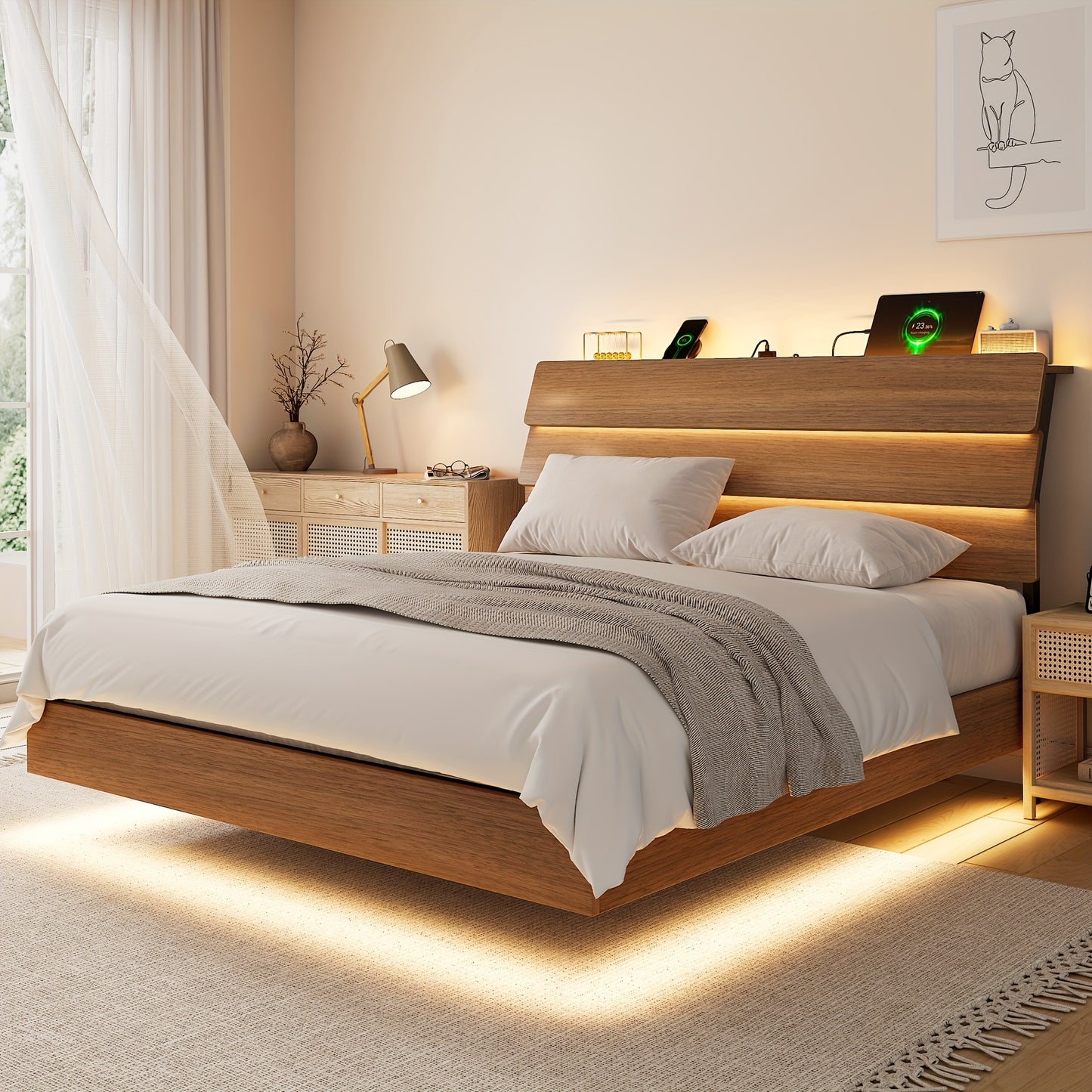 Floating Bed Frame with LED Lights Built-In Charging Station Wooden Headboard Heavy-Duty Metal Support Easy Assembly Bedroom Furniture