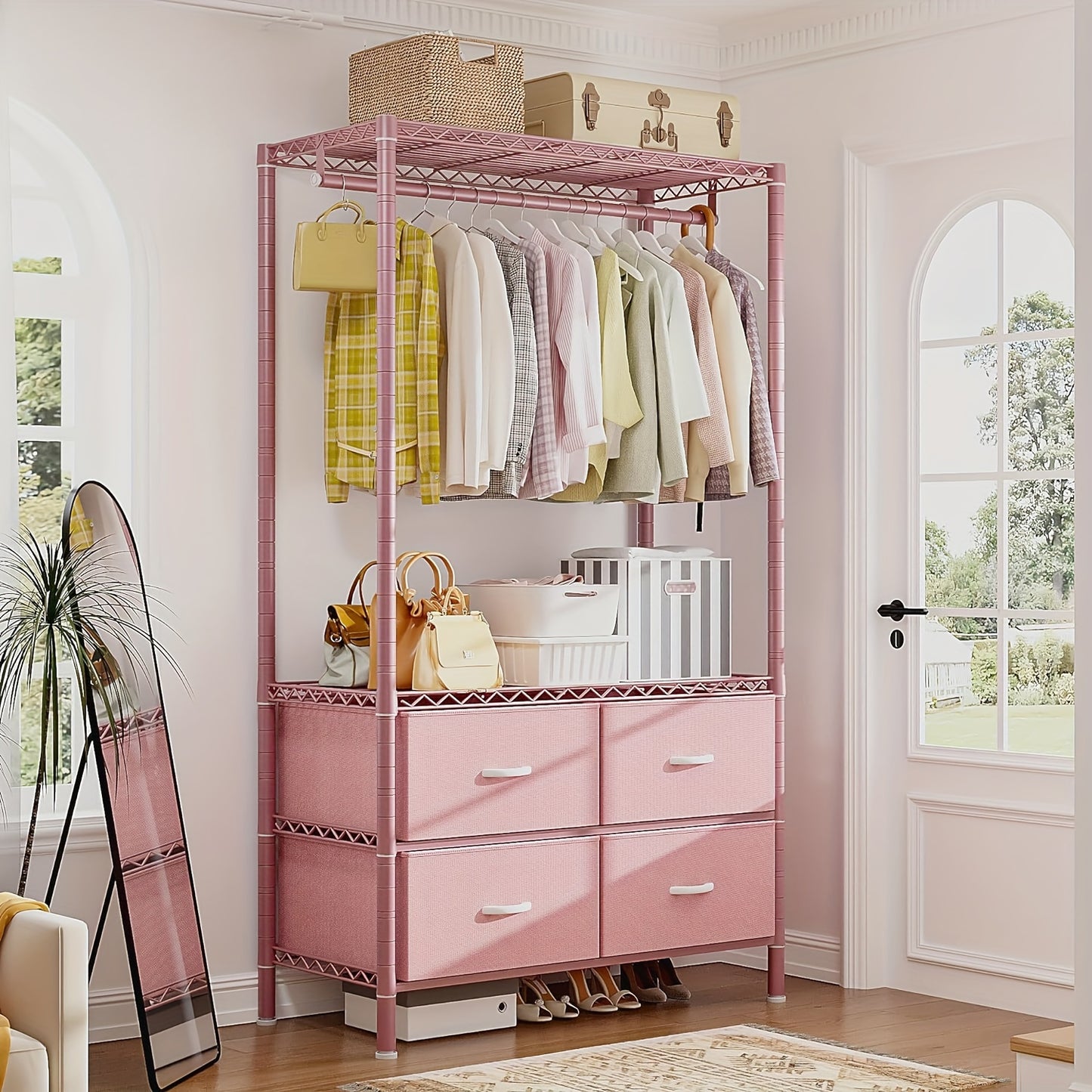 Heavy Duty Clothes Rack, Clothing Rack For Hanging Clothes With 4 Drawers Load 420LBS, Easy To Assemble, Sturdy & Durable Design, Large Capacity For Coats, Shirts, Closet Organizers And Storage, Furniture For Home, Christmas Decorations, Pink