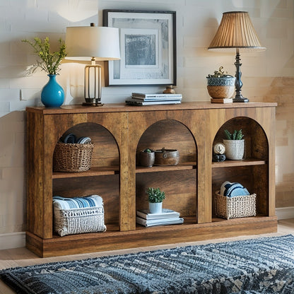 63 Inch Industrial Console Table Stain-Resistant Engineered Wood – Long Sofa Table Behind Couch with Storage Shelf, TV Stand & Entryway Hall Table for Farmhouse Apartment, Brown Black White