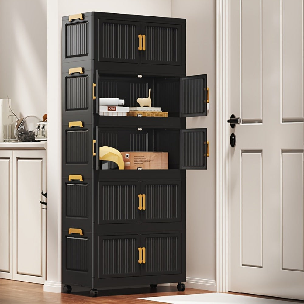 Foldable Storage Cabinet 3/4/5 Tier Stackable Plastic Boxes with Lids & Casters, Portable Modular Wardrobe Organizer for Bedroom Kitchen Living Room Entryway