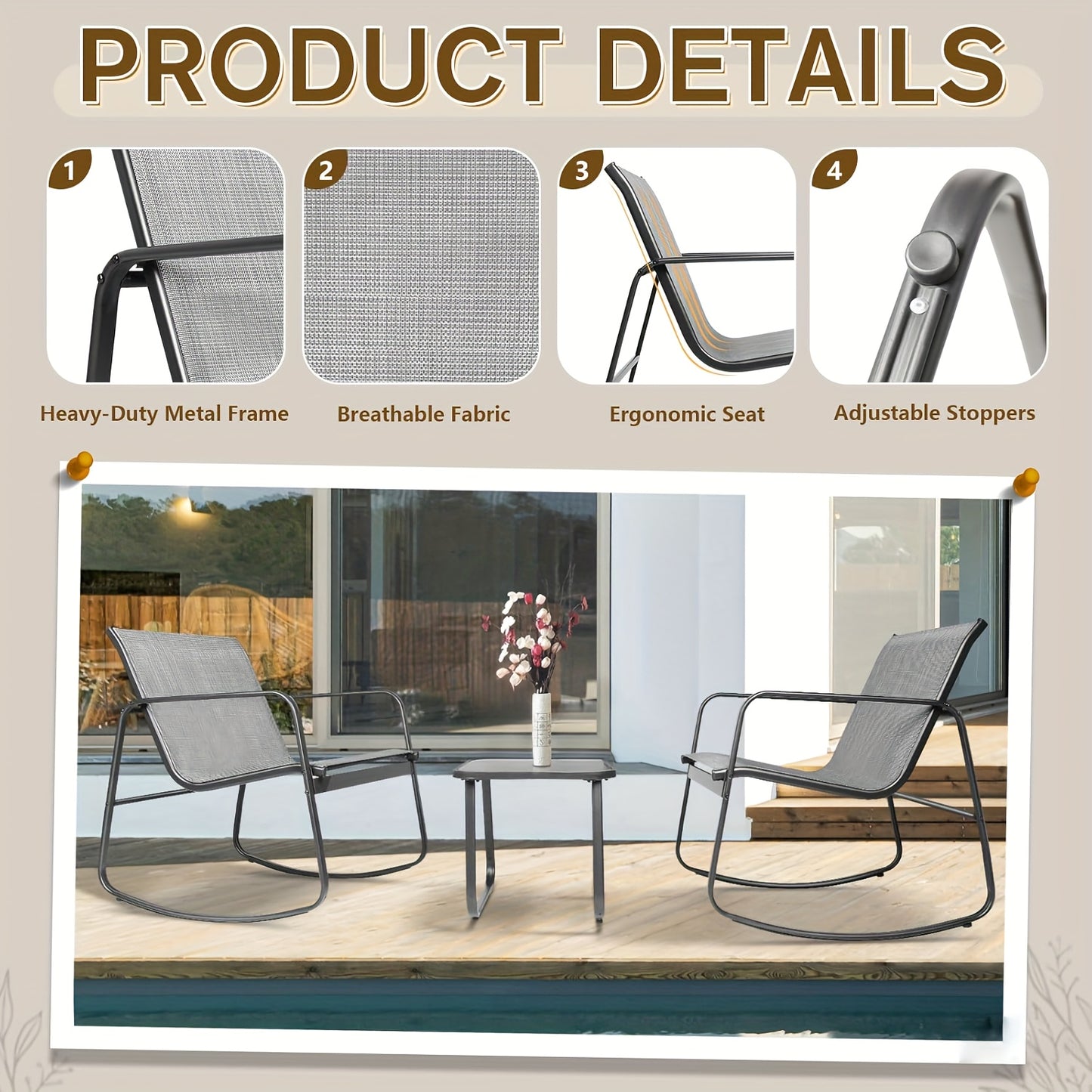 [Outdoor Rocking Set] 3pcs Outdoor Rocking Bistro Set, Furniture Set with Patio Rocking Chairs And Glass-Top Table, for Porch, Lawn, Garden, Yard, Balcony And Poolside