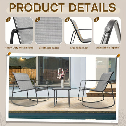 [Outdoor Rocking Set] 3pcs Outdoor Rocking Bistro Set, Furniture Set with Patio Rocking Chairs And Glass-Top Table, for Porch, Lawn, Garden, Yard, Balcony And Poolside