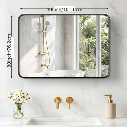 Rounded Rectangle Wall Mounted Vanity Mirror, Modern Matte Metal Frame for Bathroom Home Decor