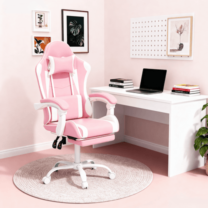Ergonomic Gaming Chair with Retractable Footrest & Detachable Lumbar Support 360 Degree Swivel Racing Style PU Leather Computer Gaming Chair with Headrest for Home Bedroom Office