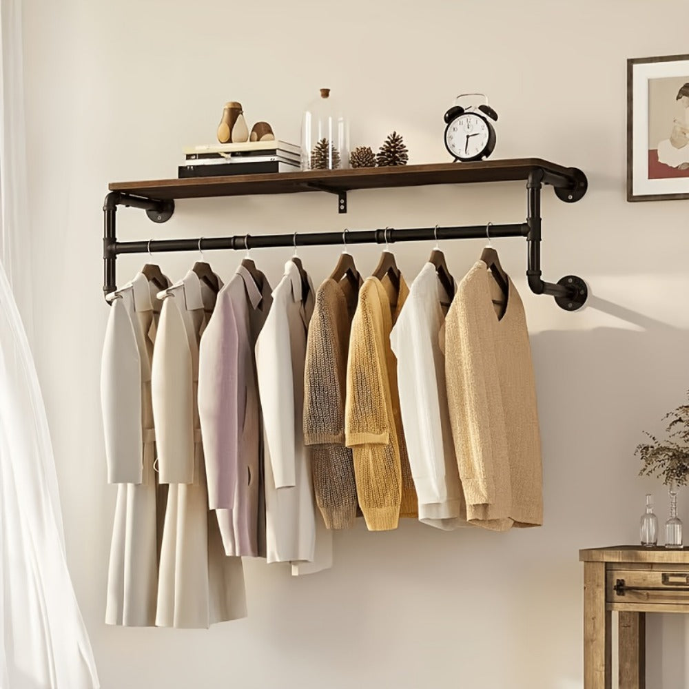 Wall Mounted Industrial Pipe Clothes Rack with Top Wood Shelf and 3 Hooks 66 Lb Capacity Heavy Duty Garment Rack for Bedroom Closet Entryway 39.3 Inch