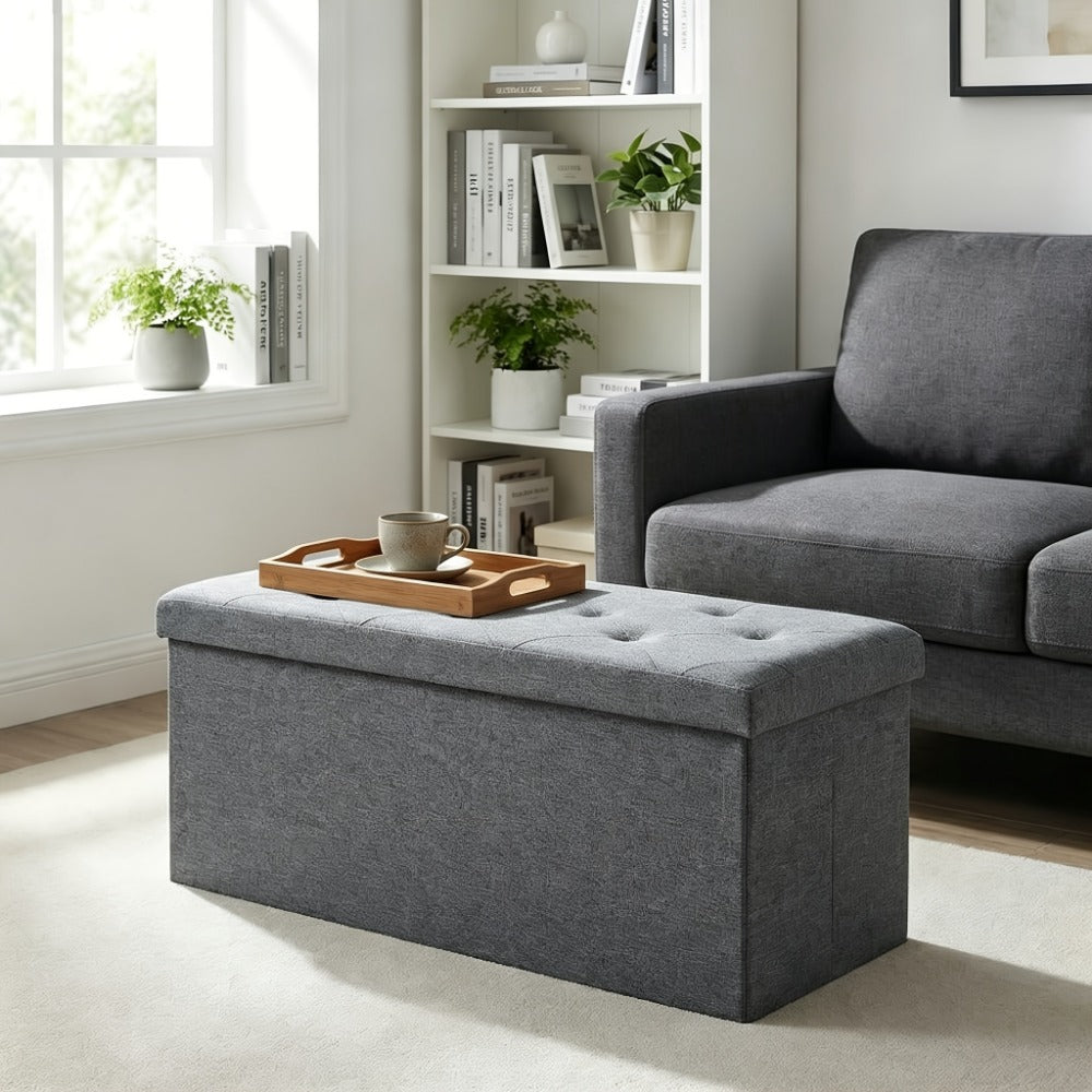 Folding Storage Ottoman Footstool Bench with Seat Cushion Waterproof Easy-Clean Surface, Heavy Duty Multifunctional Organizer for Living Room Bedroom Patio Garden, Medium Large Extra Large Grey