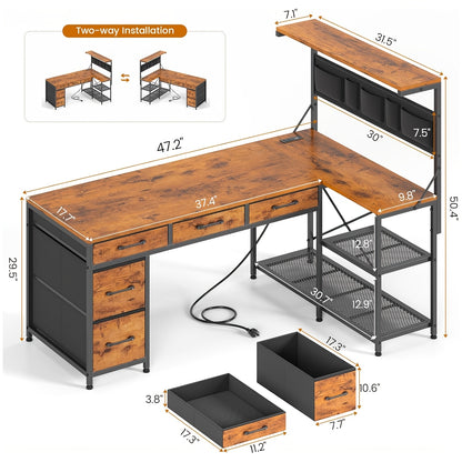 L Shaped Office Desk with LED Lights, 47.2" Reversible Small Computer Desk with 5 Drawers and Storage Shelves, Home Office Corner Desk