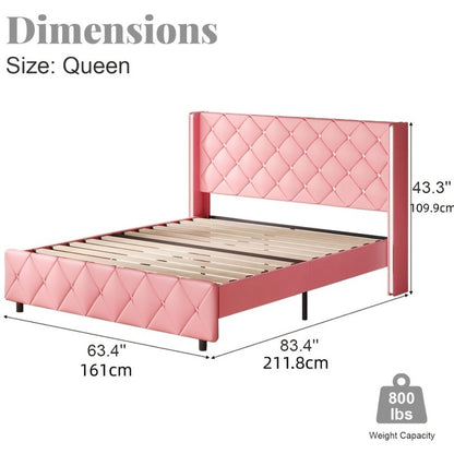 Diamond Tufted Bed Frame with Wingback Headboard & Silvery Side Wings – Upholstered, No Box Spring, Twin Full Queen King, 6 Colors