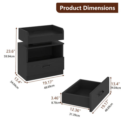 Smart LED Nightstand with Charging Station – Narrow Bedside Table 2 Drawers, Entryway Side Table, Black White, 1pc or 2pcs Set for Bedroom Living Room