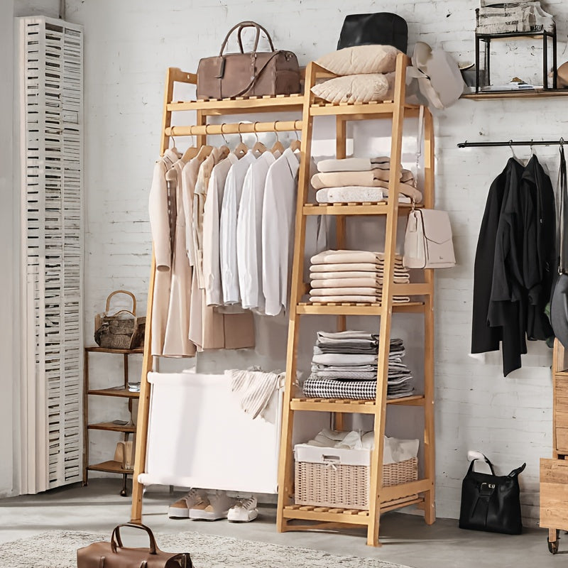 A multi capacity storage rack with brown and brown options, equipped with 5 side storage racks. A hat rack with shelves and bags is suitable for home storage, and a side hat hook is suitable for bedroom and hat room storage Specifications: with bag or wit