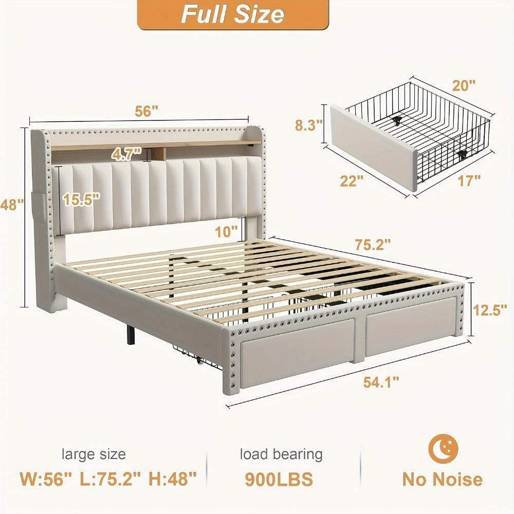 King Size Upholstered Bed Frame with Storage 2 Drawers 2-Tier Headboard Wood Slats No Box Spring Noise-Free Easy Assembly Modern Grey Beige