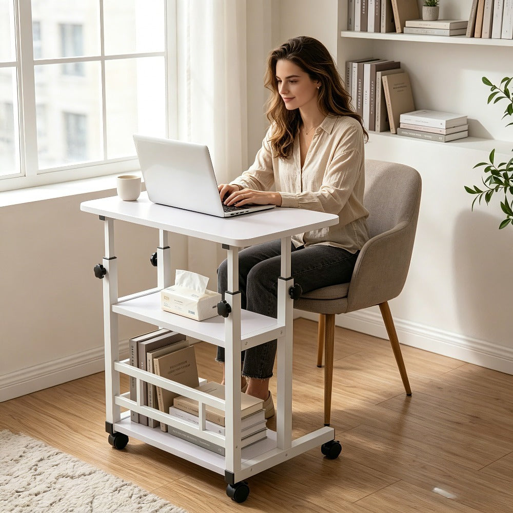 Height Adjustable Computer Desk with Storage Shelf and Wheels, Mobile Rolling Desk for Home Office, Small Space Study Workstation Desk