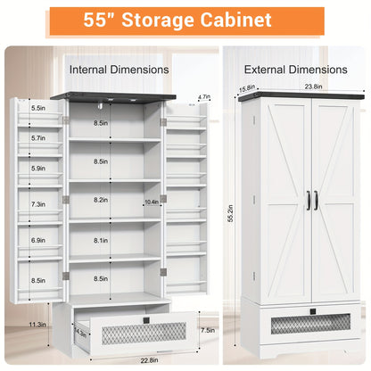 55'' Pantry Cabinet, Kitchen Pantry Storage Cabinet With Adjustable Shelves And Drawer, Wooden Kitchen Storage Cabinet, Buffet Cupboards Cabinet For Kitchen, Living Room, Bathroom, Dining Room