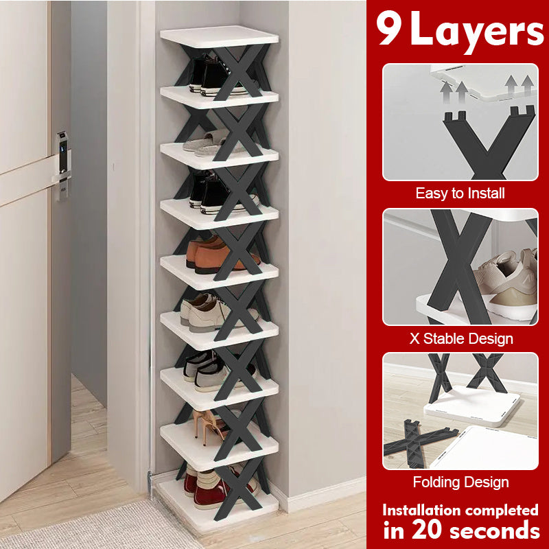 6/9 Tier Narrow Shoe Rack Give Away Shoehorns, Small Vertical Shoe Stand, Space Saving DIY Free Standing Shoes Storage Organizer for Entryway, Closet, Hallway, Easy Assembly and Stable in Structure, White and Green / Black / Blue