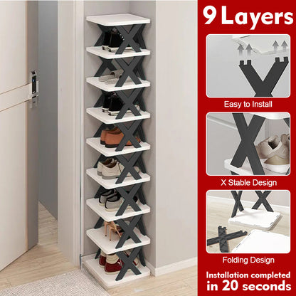 6/9 Tier Narrow Shoe Rack Give Away Shoehorns, Small Vertical Shoe Stand, Space Saving DIY Free Standing Shoes Storage Organizer for Entryway, Closet, Hallway, Easy Assembly and Stable in Structure, White and Green / Black / Blue
