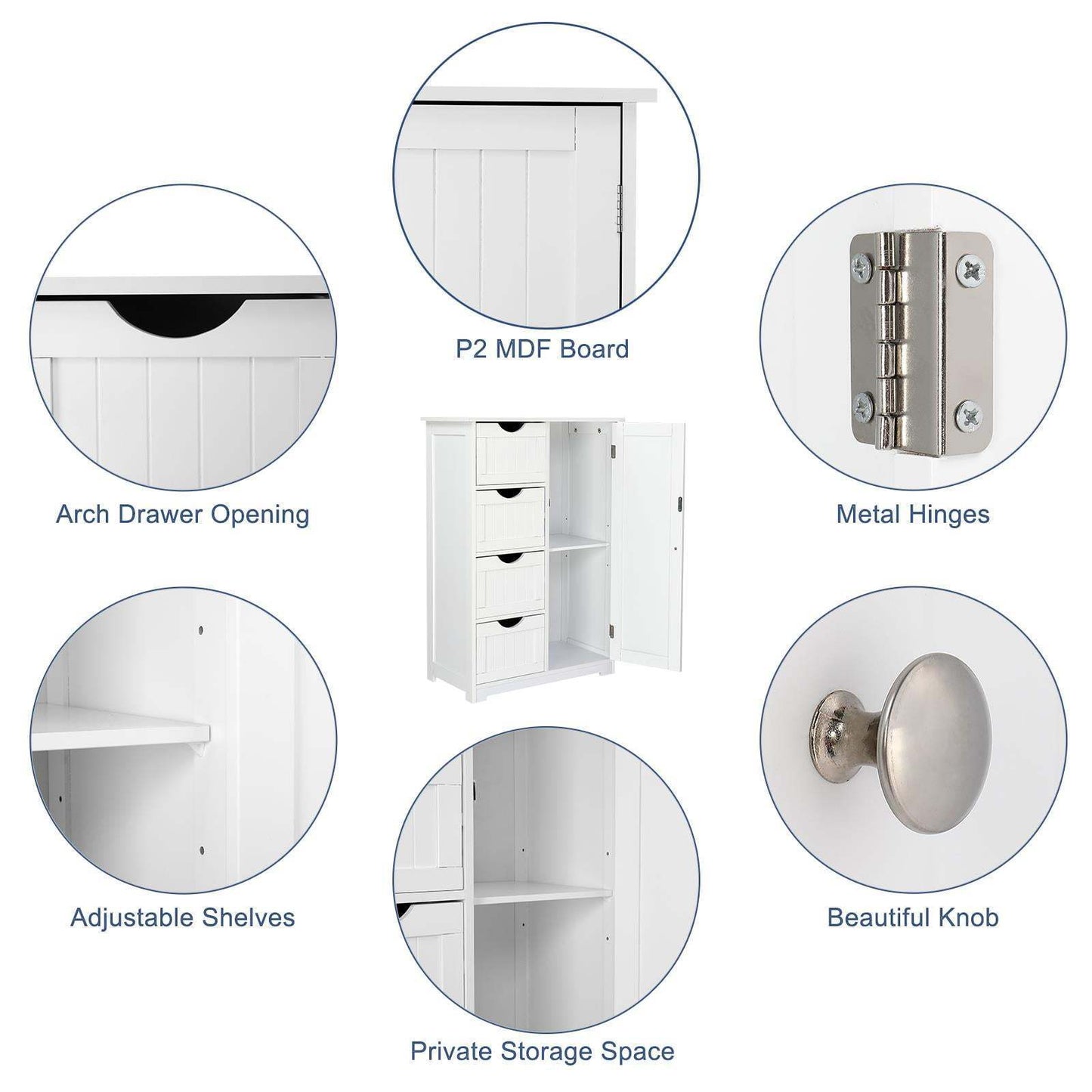 Bathroom Floor Cabinet, Side Storage Organizer with 4 Drawers, 1 Cupboard 2-Shelves, White