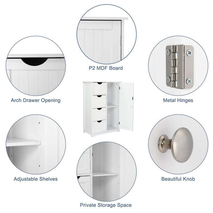 Bathroom Floor Cabinet, Side Storage Organizer with 4 Drawers, 1 Cupboard 2-Shelves, White