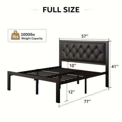Metal Bed Structure, Platform Style with a Button-Tufted Headboard, Featuring 12 Inches of Space Underneath, Supported by Steel Slats, And Designed for Easy Assembly