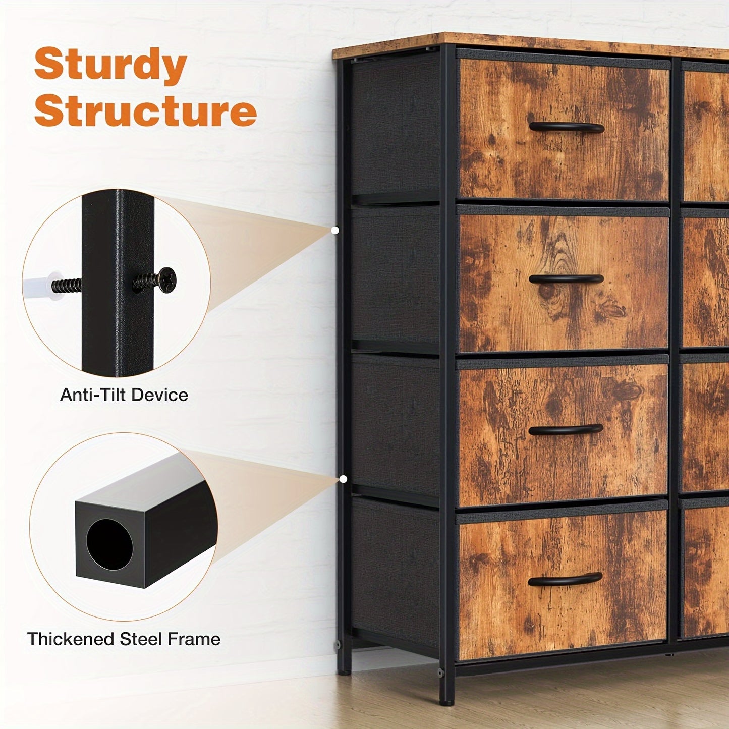 8 Drawer Storage And Organization, Home Dresser And Chest Of Drawers with 8 Fabric Storage Drawers Tower Unit, Bedroom Dresser with Wood Top, Thickened Frame for Bedroom, Living Rooms, Hallways