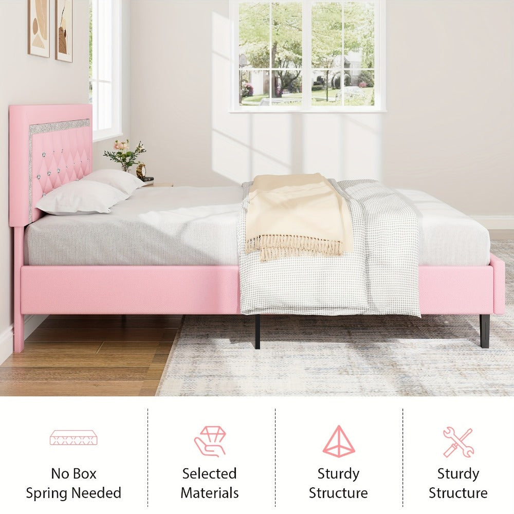 Princess Bed Frame with Diamond Tufted Headboard Twin Full Queen Soft PU Leather Wood Slats 900 lbs Capacity Easy Assembly Bedroom Furniture Pink White Black