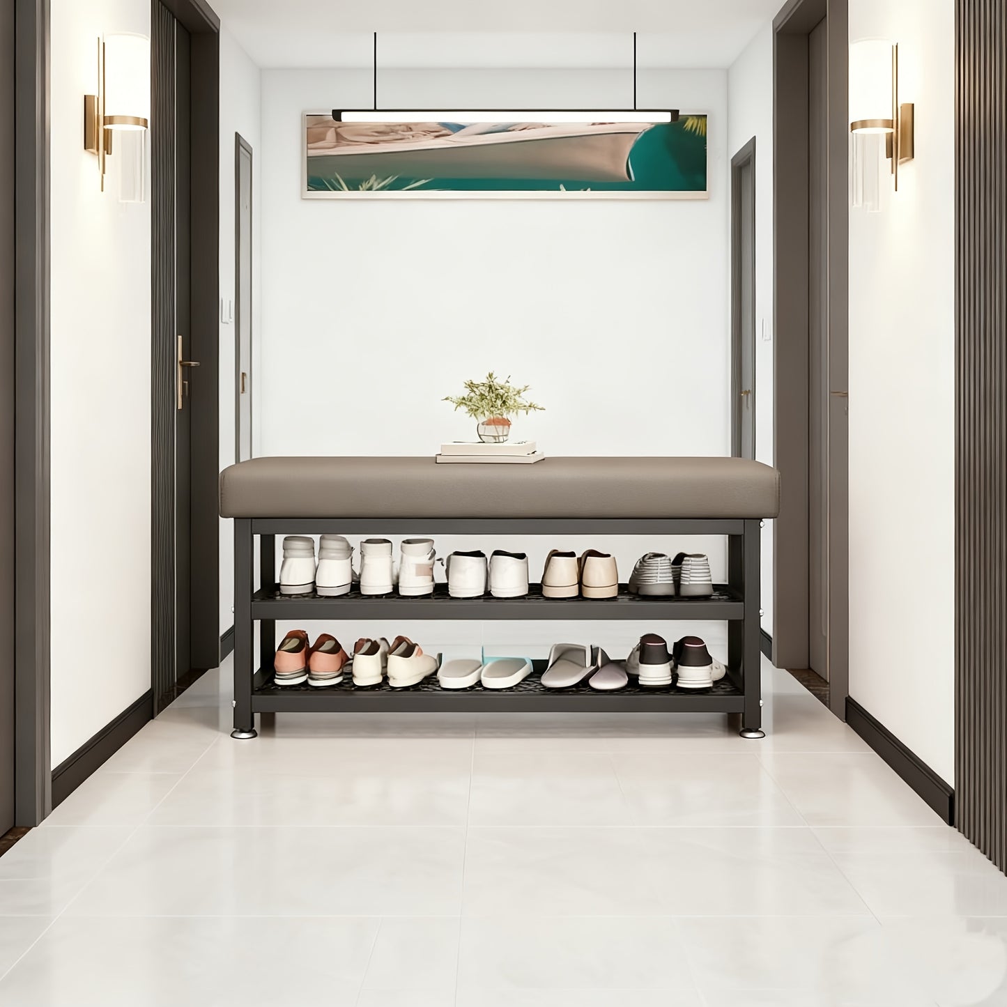 [Soft Cushion Shoe Stool] Modern Shoe Changing Stool with Soft Cushion- Multi Compartment Shoe Storage Organizer, Space Saving Metal Frame Shoe Rack for Bedroom or Foyer, Easy to Install Entrance Passage Storage