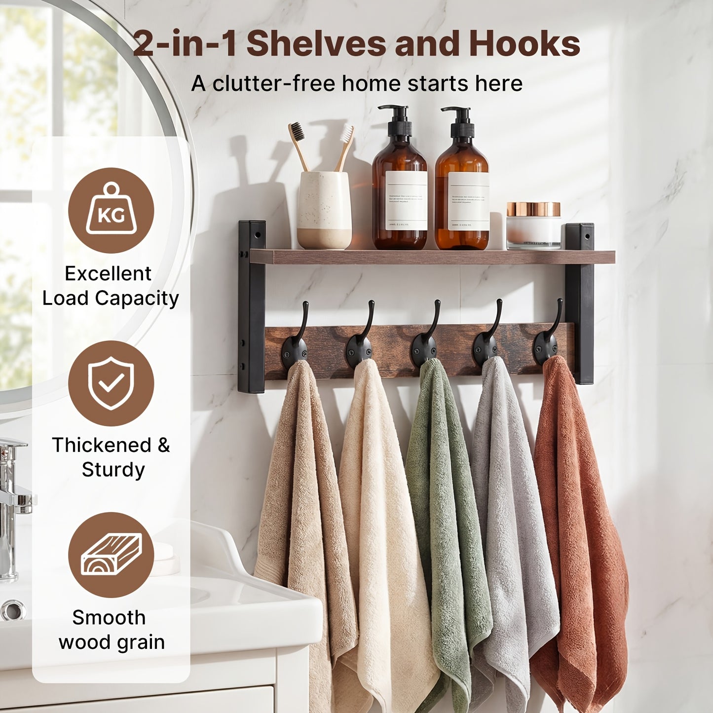 Heavy Duty Industrial Metal Wall-Mounted Coat Rack with Shelf & Hooks - Rustproof Entryway Organizer with Multi-Tier Storage, Space-Saving Design for Hallway, Porch, Mudroom - Sturdy Hardwood/Metal Construction, No Assembly Required