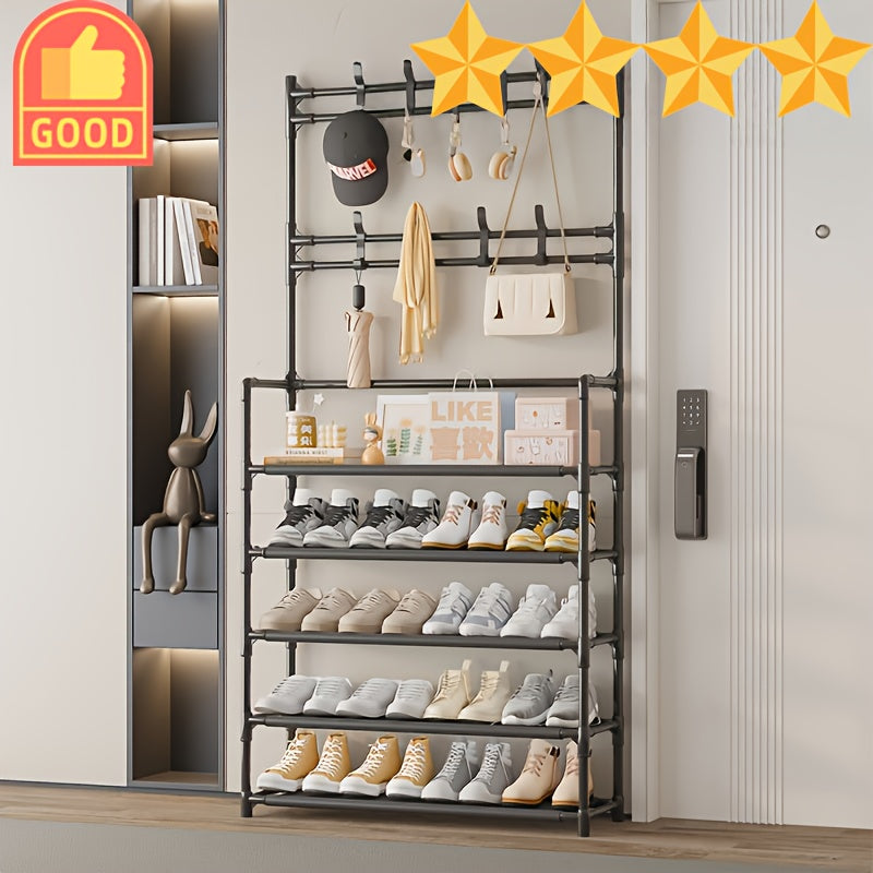 Black Metal Entrance Storage Rack with Hooks - Multi-Layer Shoe Racks, Hangers, And Household Storage - Perfect for Shoes, Hats, Bags, And Umbrellas - Stylish Modern Entrance Hallway Shelves, Shoe Rack Storage Boxes, Closet Organization Systems