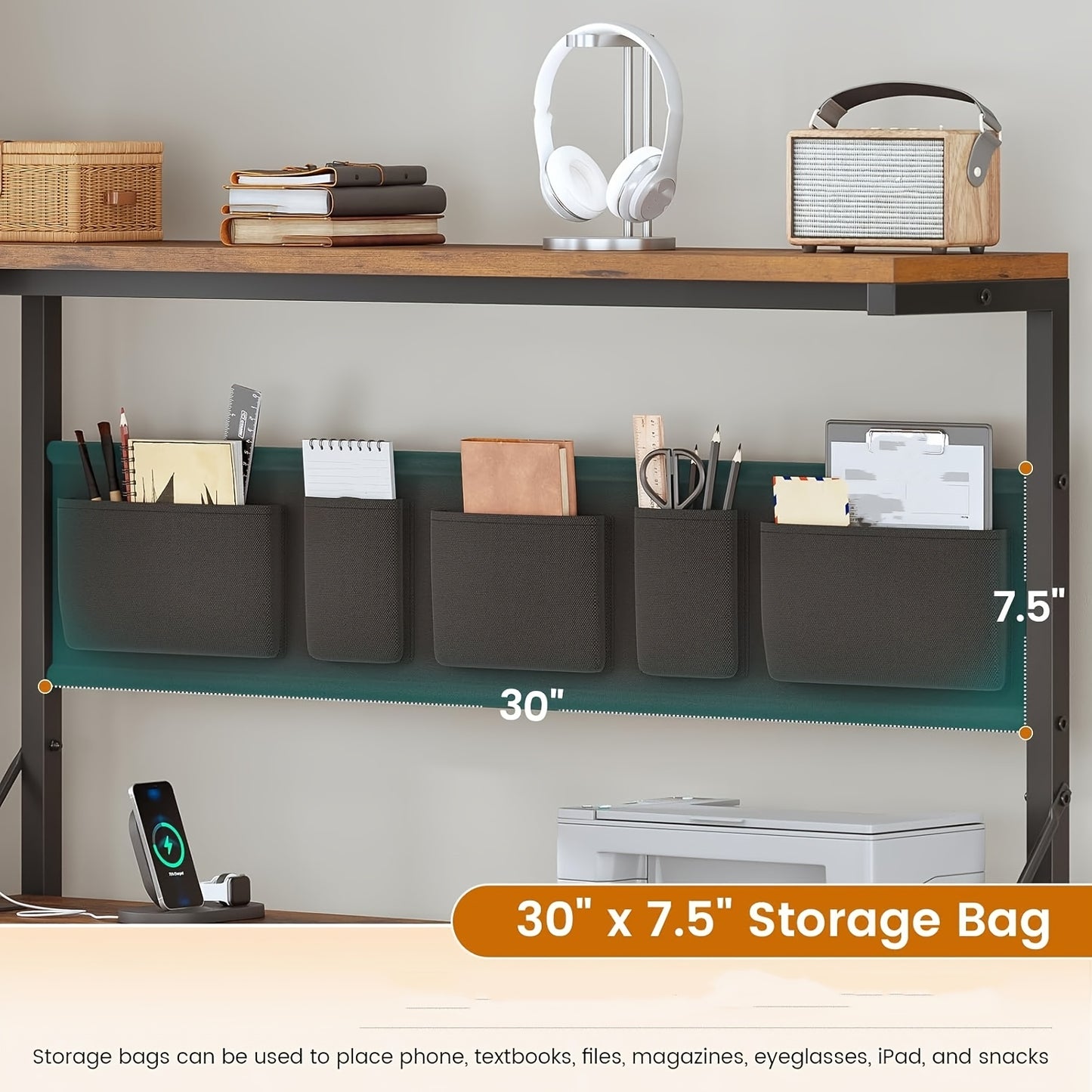 L Shaped Office Desk with LED Lights, 47.2" Reversible Small Computer Desk with 5 Drawers and Storage Shelves, Home Office Corner Desk