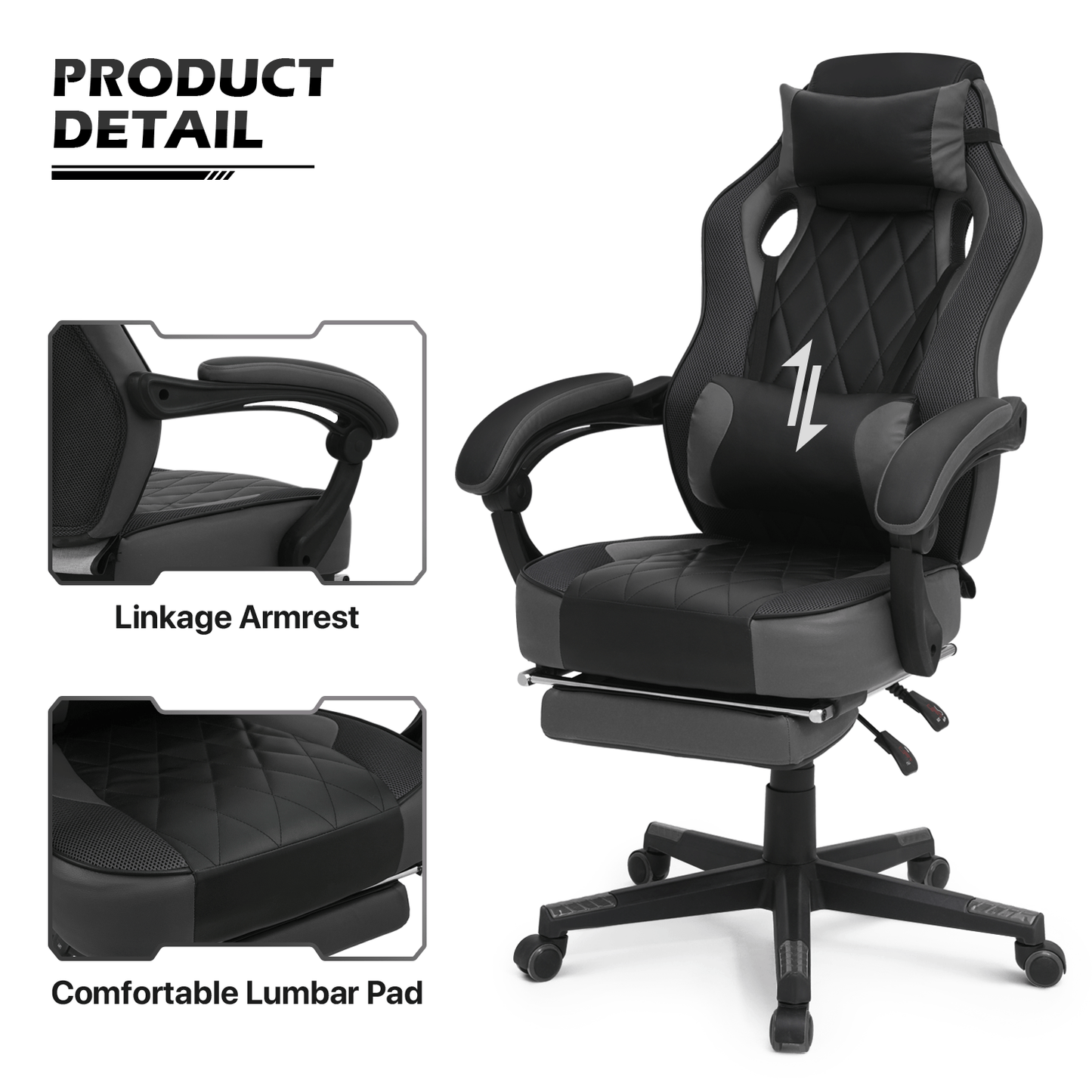 Ergonomic Gaming Chair with Retractable Footrest & Detachable Lumbar Support 360 Degree Swivel Racing Style PU Leather Computer Gaming Chair with Headrest for Home Bedroom Office