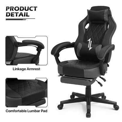 Ergonomic Gaming Chair with Retractable Footrest & Detachable Lumbar Support 360 Degree Swivel Racing Style PU Leather Computer Gaming Chair with Headrest for Home Bedroom Office