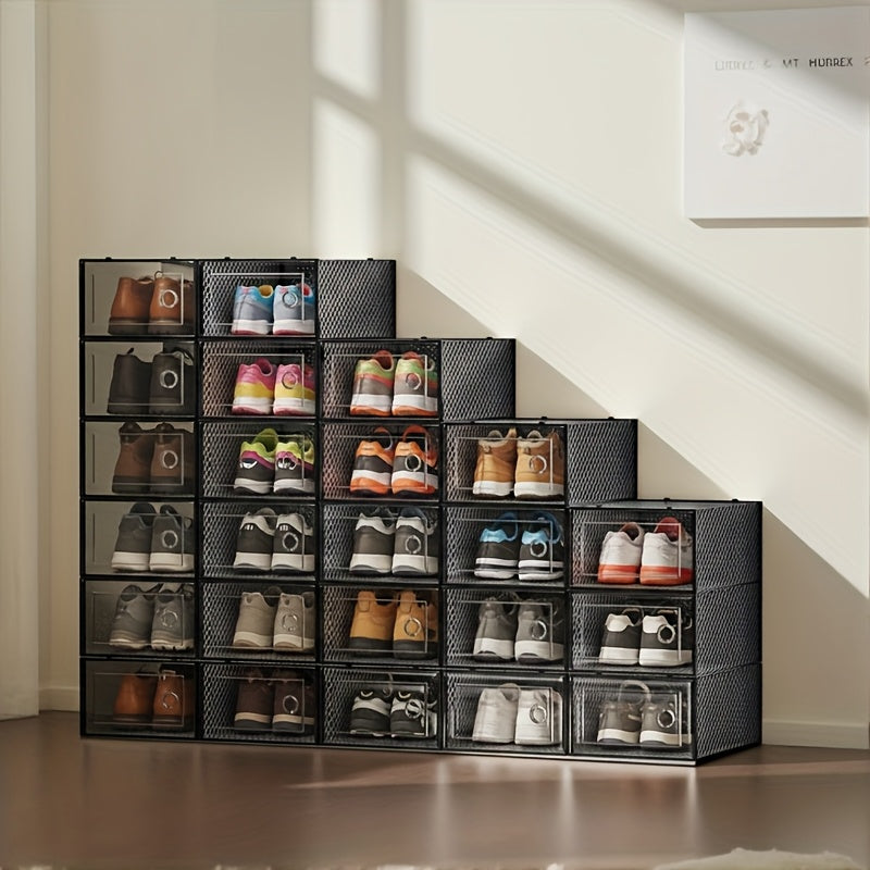 6/12/24 Pack Large Shoe Storage Organizer for Closet, Modular Space Saving Shoe Boxes Clear Plastic Stackable Containers Display Case Bins with Lids, Shoe Rack for Sneaker Storage, White And Black Soceer Shoes
