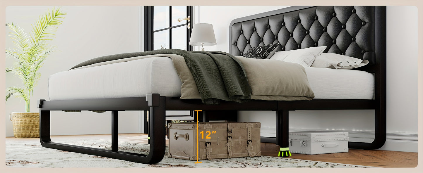 Sturdy Platform Bed Frame Featuring a Button-Tufted Headboard in Black Faux Leather Or Dark Grey Linen, Offering 12 Inches of Storage Space