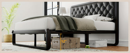 Sturdy Platform Bed Frame Featuring a Button-Tufted Headboard in Black Faux Leather Or Dark Grey Linen, Offering 12 Inches of Storage Space