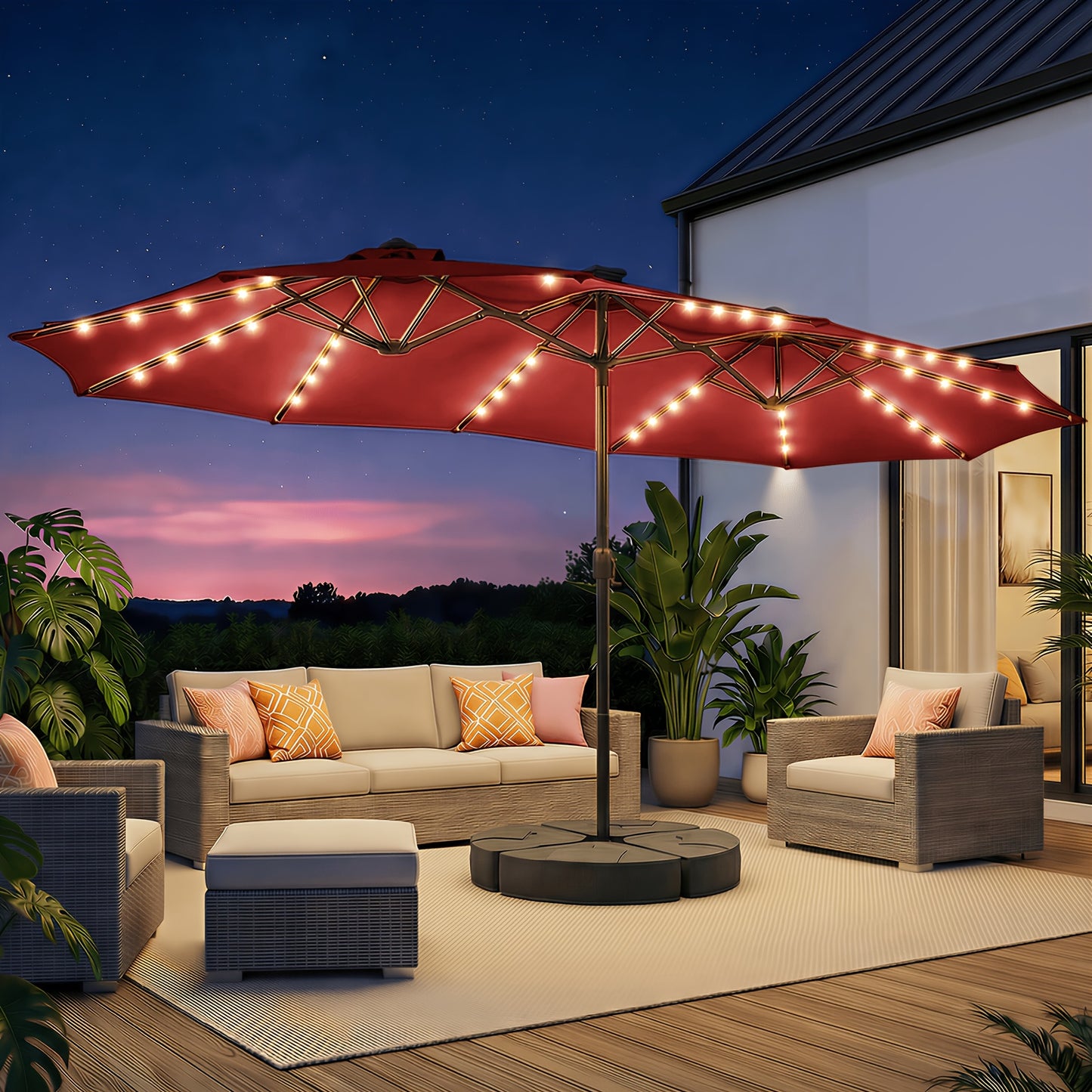 15Ft Outdoor Double-Sided Patio Umbrella with Base And 48 Solar LED Lights Lit, 10 Hours of Lighting, Large Patio Umbrella with Crank Handle, Market Table Umbrella, Strong UV Protection, 12 Heavy-Duty Ribs, for Lawn Garden, Deck, Poolside