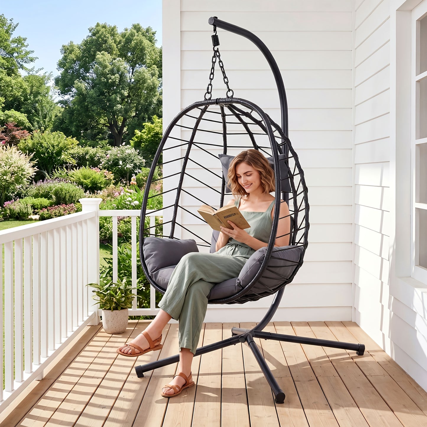 [Egg Swing Chair] Hanging Egg Chair With Stand, Rattan Wicker Egg Chair With Cushion Headrest, Outdoor Indoor Egg Swing Chair With Dual Chains, 350LBS Capacity For Patio, Porch, Balcony, Bedroom (Light Grey)