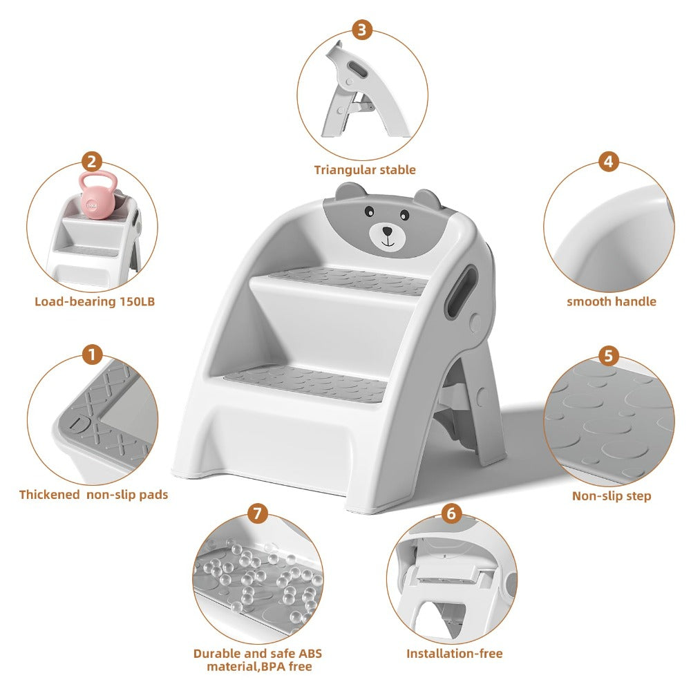 Toddler Step Stool, Foldable 2-Step Kids Stool with Non-Slip Design And Handle, Multipurpose Step Stool for Bathroom Sink, Kitchen, Bedroom, Counter