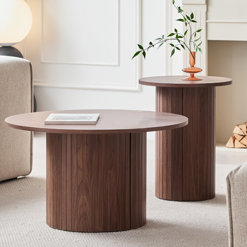 Round Nesting Coffee Tables Set of 2 - Boho Fluted Drum Side Table with Wood Grain Tabletop for Living Room, Bedroom & Apartment