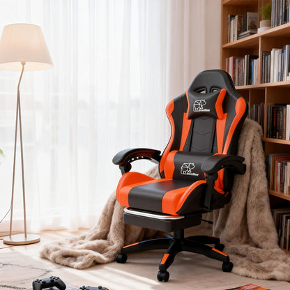 Ergonomic Gaming Chair with Lumbar Support & Optional Footrest – High Back Home Office Recliner for Adults & Teens, Fixed Armrests, Premium Padding, Black Blue, Black Orange, Black White