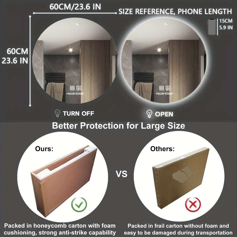 LED Bathroom Mirror with Lights 23.6 Inch Round Dimmable, Wall Mounted Vanity Mirror Tempered Glass Memory Function Plug-in Hardwired for Bathroom Makeup Modern Decor