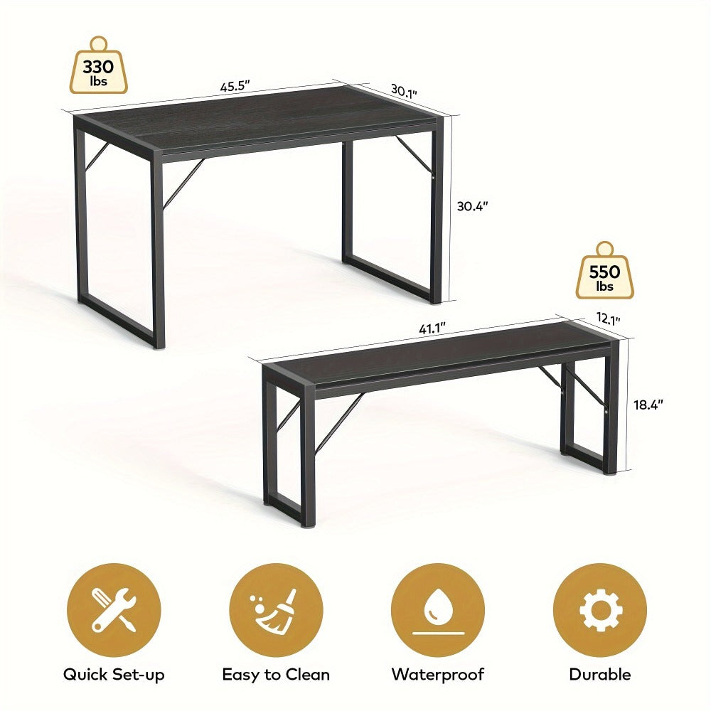 Dining Table Set for 4 with 2 Benches, 45.5" Space-Saving Dinette with Metal Frame & MDF Board for Kitchen & Dining Room, Retro Modern Style - Black/Gray