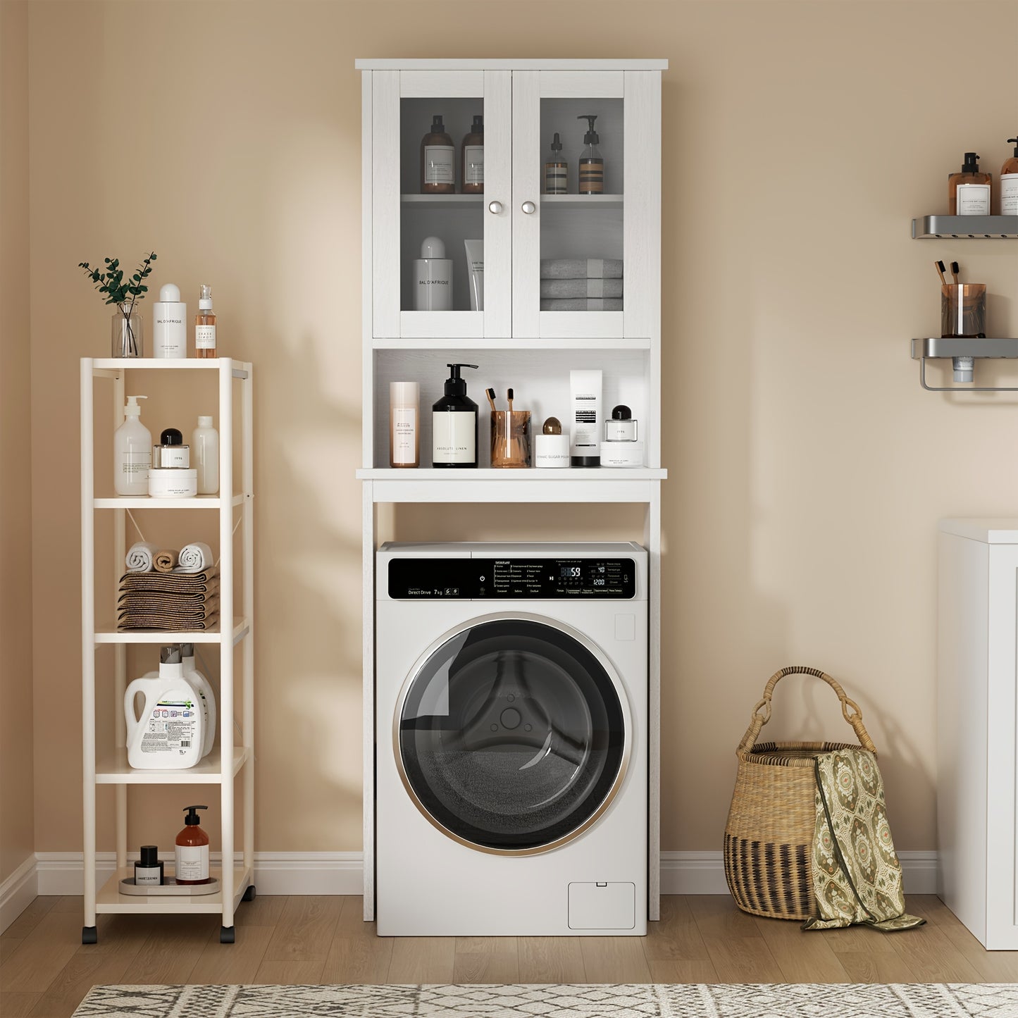 Bathroom Storage Over The Toilet, Bathroom Cabinet Organizer with Adjustable Shelves And Double Glass Doors, Wood Bathroom Space Saver