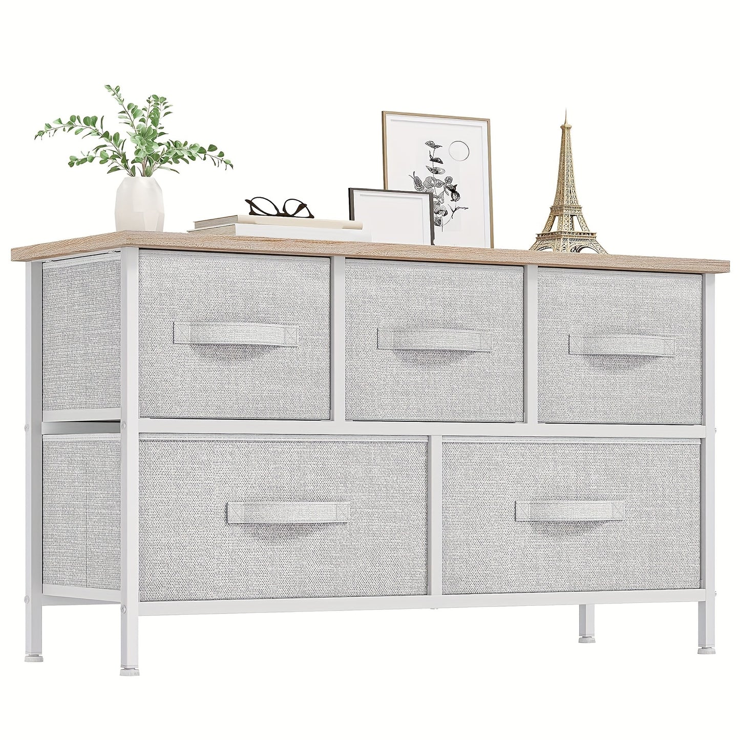 Modern 5-Drawer Dresser with Fabric Bins - Wide Chest of Drawers, Space-Saving, Assembly, Wood-Free Suitable for Apartment, Closet, Hallway - Compact Organizer with Ample Storage (3.2+ Cubic Feet)