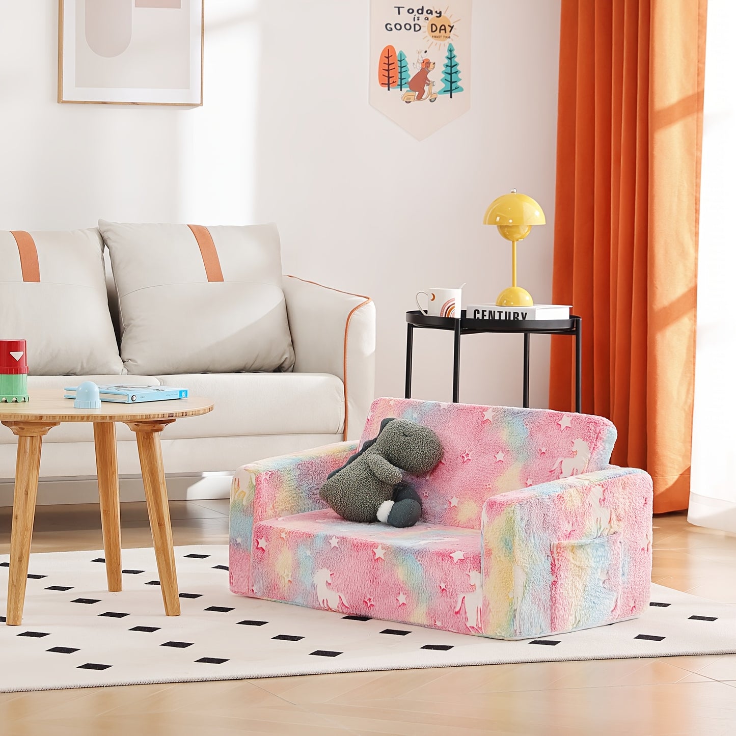 Tiita Kids Sofa Chair, 2 In 1 Fold Out Couch, Comfy Kids Sofa For Playroom-Extra Soft 2 Seats, Glow In The Dark Children Couch To Lounger For Girls Boys
