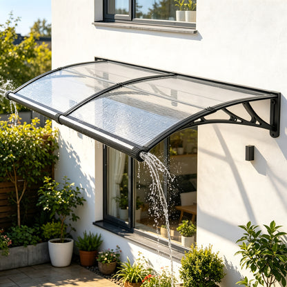 Awnings for Windows Doors with Large Gutters Rain Sun And UV Protection Patio Cover Eazy Installation, Suitable for Windows, Doors And Garage Roofs Outdoor Hollow Sheet Transparent Polycarbonate Panels Black ABS Brackets 32/40/60/80/120in