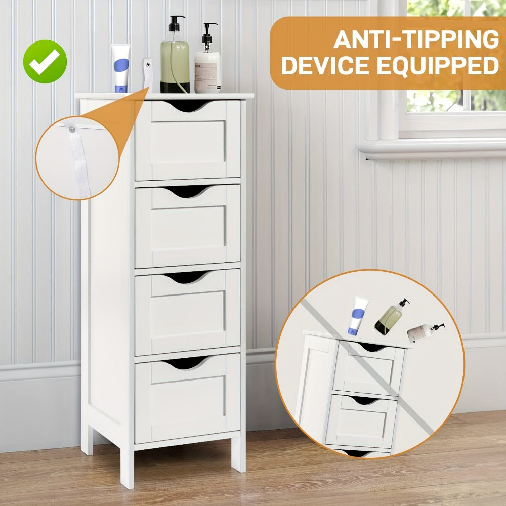 4 Drawer Storage Cabinet White Compact MDF Space Saving Drawer Unit for Bathroom Bedroom Closet Daily Organization