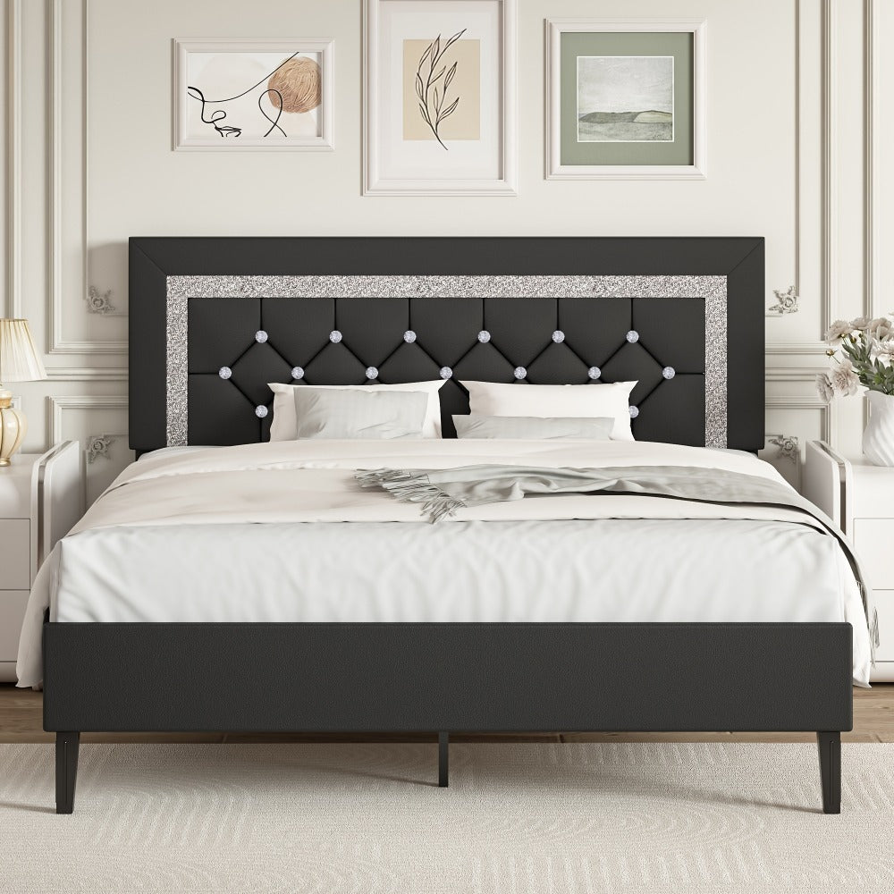 Princess Bed Frame with Diamond Tufted Headboard Twin Full Queen Soft PU Leather Wood Slats 900 lbs Capacity Easy Assembly Bedroom Furniture Pink White Black