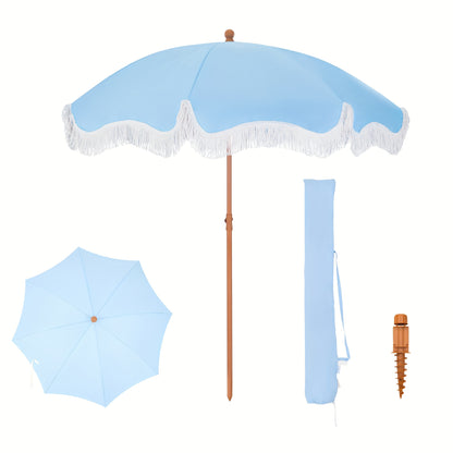 7ft Bohemian Outdoor Umbrella with Fringe Tassels & Carry Bag - UV 50+ Sun Protection, Wind-Resistant Steel Frame, White Canopy with Yellow Fringe Trim, Round Beach & Patio Umbrella for Poolside, Garden, Backyard, Picnic - Easy-Clean Polyester Fabric, Por